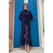 Bym Fashion Ön Zincir Püskül Detay Balık Model Abiye Elbise 3810 Lacivert