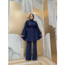Bym Fashion Bym Taş Işleme Detaylı Kuşaklı Tunik ve Pantolonlu Takım 8432 Lacivert
