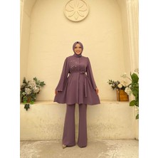 Bym Fashion Bym Taş Işleme Detaylı Kuşaklı Tunik ve Pantolonlu Takım 8432 Lila