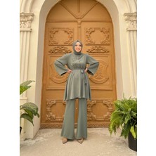 Bym Fashion Bym Taş Işleme Detaylı Kuşaklı Tunik ve Pantolonlu Takım 8432 Mint