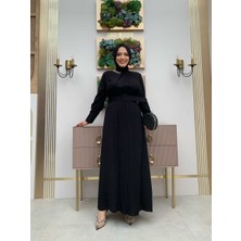Bym Fashion Bym Yaka Taşlı Tek Taraf Pilise Detay Kemerli Elbise 3825 Siyah