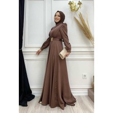 Bym Fashion Bym Göğüs Kısmı Kat Şerit Detay Bel Kemer Aksesuarlı Abiye Elbise 3792 Kahverengi