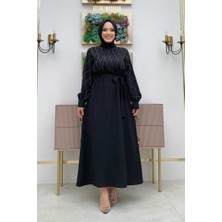 Bym Fashion Taş İşlemeli Kuşaklı Elbise 3830 Siyah