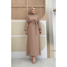 Bym Fashion Taş İşlemeli Kuşaklı Elbise 3830 Vizon