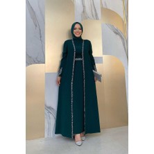 Bym Fashion Taş İşleme Detaylı Yelekli Elbise Takım 3838 Zümrüt