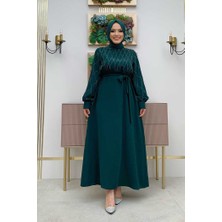 Bym Fashion Taş İşlemeli Kuşaklı Elbise 3830 Zümrüt