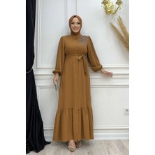 Bym Fashion Boydan Düğmeli Omuz Taş İşleme Detaylı Ferace Elbise 3840 Taba