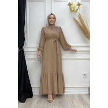 Bym Fashion Bym Boydan Düğmeli Omuz Taş Işleme Detaylı Ferace Elbise 3840 Vizon