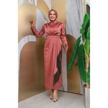 Bym Fashion Etek Püskül Detay Kemer Aksesuarlı Saten Abiye Elbise 3763 gülkurusu siyah