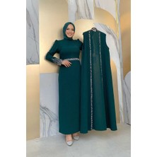 Bym Fashion Büyük Beden Taş İşleme Detaylı Yelekli Elbise Takım 3838-1 Zümrüt