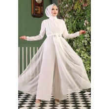 Bym Fashion Şifon Pelerin Detay Bel Kuşaklı Tulum 3330 Ekru