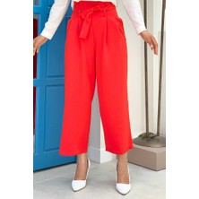 Bym Fashion Fermuarlı Bel Bağcıklı Pantolon 0174 Kırmızı