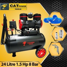 CATPOWER 24 Litre Sessiz Hava Kompresörü 1.5 Hp Bakır Sargı Motor 8 Bar 15 Metre Spiral Hava Hortumu ve Tabanca