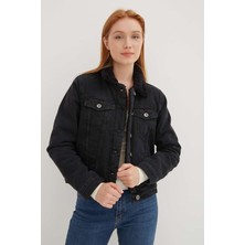 Fashion Friends % 100 Pamuk Suni Kürk Astarlı Çift Göğüs Cepli Regular Fit Kot Ceket Bayan Kot Ceket 23K0266K1