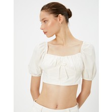 Koton Balon Kol Crop Bluz Önü Büzgülü Bağlamalı Kare Yaka Pamuklu