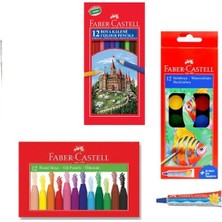 Faber-Castell 4 Lü Boyama Seti 12 li Pastel Boya Kuru Boya Sulu Boya ve Yapıştırıcı Hediyeli