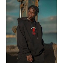 Daxia Erkek Siyah Baskılı Oversize Kapüşonlu Sweatshirt