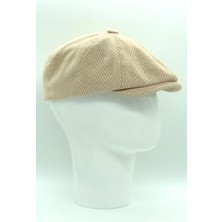 Shopiolog Kışlık Kaşe Yünlü Bej Balıksırtı Desenli 8 Parçalı Irish Stili Peaky Blinders Kasket Şapka