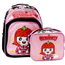 Sentor 3 Bölmeli Ilkokul Okul Sırt Çantası ve Beslenme Çantası Strawberry Pembe-Siyah