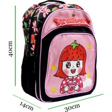 Sentor 3 Bölmeli Ilkokul Okul Sırt Çantası ve Beslenme Çantası Strawberry Pembe-Siyah