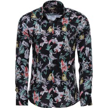 Wessi Çiçek Kuş Desenli Slim Fit Uzun Kollu Siyah Erkek Gömlek