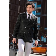 Wessi Kruvaze Slim Fit Çizgili Siyah Erkek Ceket