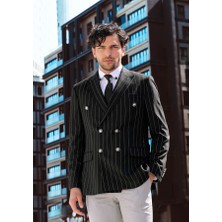 Wessi Kruvaze Slim Fit Çizgili Siyah Erkek Ceket