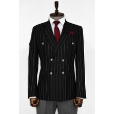 Wessi Kruvaze Slim Fit Çizgili Siyah Erkek Ceket