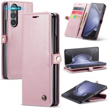 Caseme Samsung Galaxy Z Fold5 Için Çılgın At Doku Deri Telefon Kılıf - Pembe (Yurt Dışından)