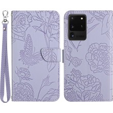 Seashell Digital Samsung Galaxy S20 Ultra Pu Deri Kelebek Çiçek Deseni Için Baskılı Cüzdan Kılıfı Stand Iç Tpu Cilt Touch Duygu Kapağı Kayış Işığı Mor İle (Yurt Dışından)