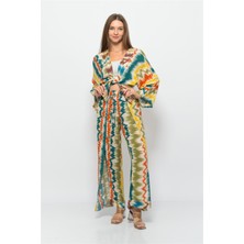 Nuseel Dalga Desenli Pareo Pantolon Desenli Sarı-Petrol Mavisi