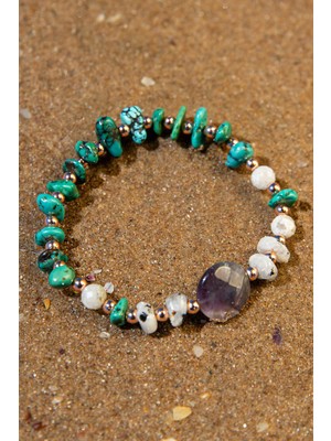 Deniz Doğal Taş Sertifikalı Doğal Taşlı Nazar & Kem Göz Bilekliği, Turkuaz, Ametist, Ay Taşı, Hematit