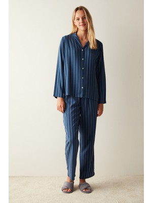 Relax Lacivert Çizgili Gömlek Pantolon Pijama Takımı