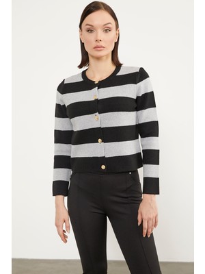 Sementa Çizgili Kısa Triko Hırka - Siyah