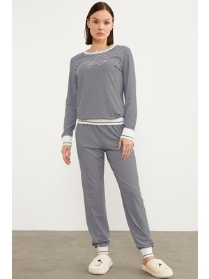 Sementa Çizgili Sıfır Yaka Pijama Takım - Lacivert