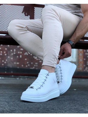 Aemido  WG032 Beyaz Bağcıklı Sneakers  Yarım Bilek Bot