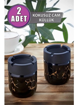 Grimor Life 2 Adet Siyah Mermer Desenli Dekoratif Cam Kokusuz Küllük Seti 425 cc