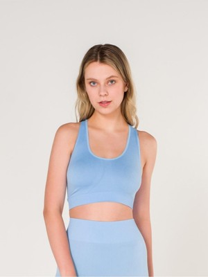 Miray Life New Season Fitilli Çapraz Detaylı Crop Top Büstiyer Seamless Spor Sütyeni Mavi