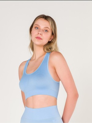 Miray Life New Season Fitilli Çapraz Detaylı Crop Top Büstiyer Seamless Spor Sütyeni Mavi