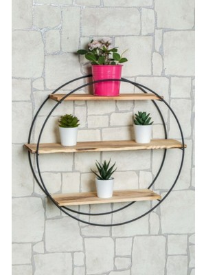 Metropolavm Yakma Ahşap 3 Raflı Metal Yuvarlak Raf Dekorasyon Duvar Rafı Siyah