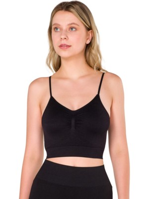 Miray Life New Season Büzgülü Ince Askılı Dikişsiz Seamless Crop Top Büstiyer Siyah