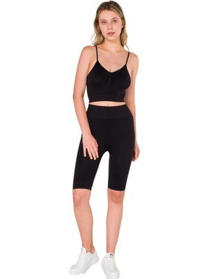 Miray Life New Season Büzgülü Ince Askılı Dikişsiz Seamless Crop Top Büstiyer Siyah