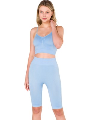 Miray Life New Season Büzgülü Ince Askılı Dikişsiz Seamless Crop Top Büstiyer Mavi