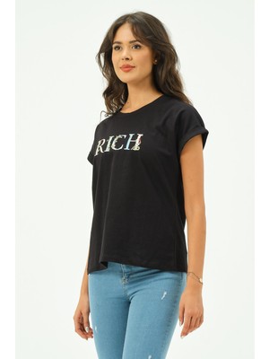 Rich Siyah Kadın Rich Nakışlı Tişört Tshirt