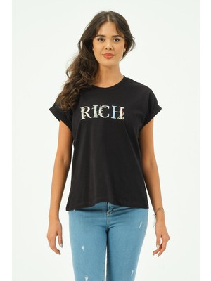 Rich Siyah Kadın Rich Nakışlı Tişört Tshirt