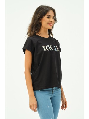 Rich Siyah Kadın Rich Nakışlı Tişört Tshirt