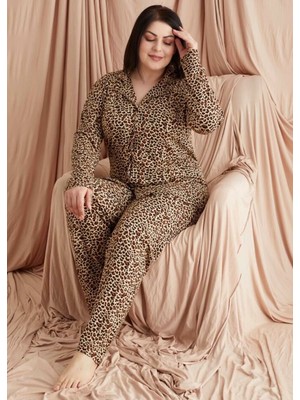 Leopar Desenli Uzun Kollu Süet Kadın Büyük Beden  Pijamatakımı