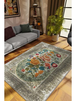 Homshtag Art Deco Bahar Çiçeği Vintage Halı Görünümlü Dijital Baskı Renkli Halı,Rustik Çiçekli Halı