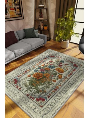 Homshtag Art Deco Kır Çiçeği Vintage Halı Görünümlü Dijital Baskı Renkli Halı Rustik Çiçekli Halı