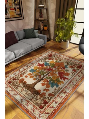 Homshtag Art Deco Çınar Ağacı Vintage Halı Görünümlü Dijital Baskı Renkli Halı,Rustik Çiçekli Halı